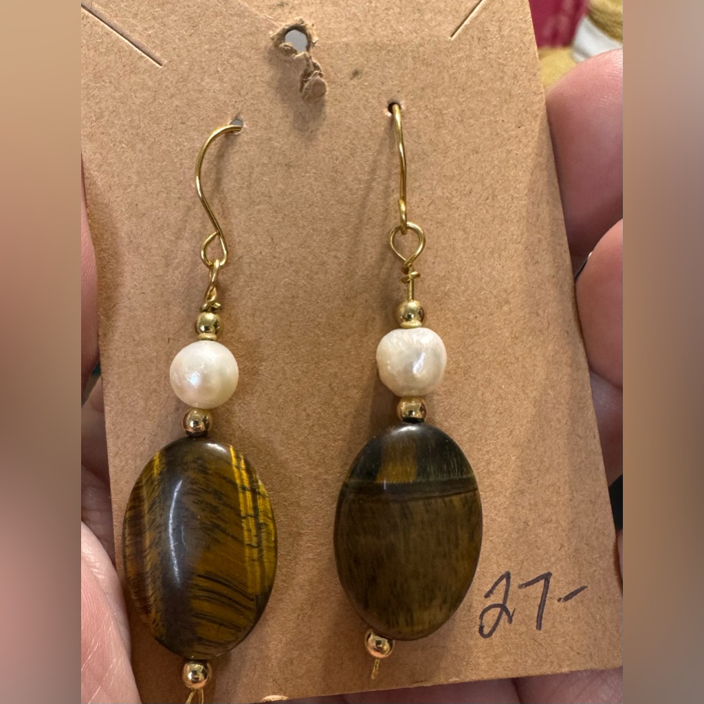 Elegant Pearl And Tiger Eye Dangle Earrings